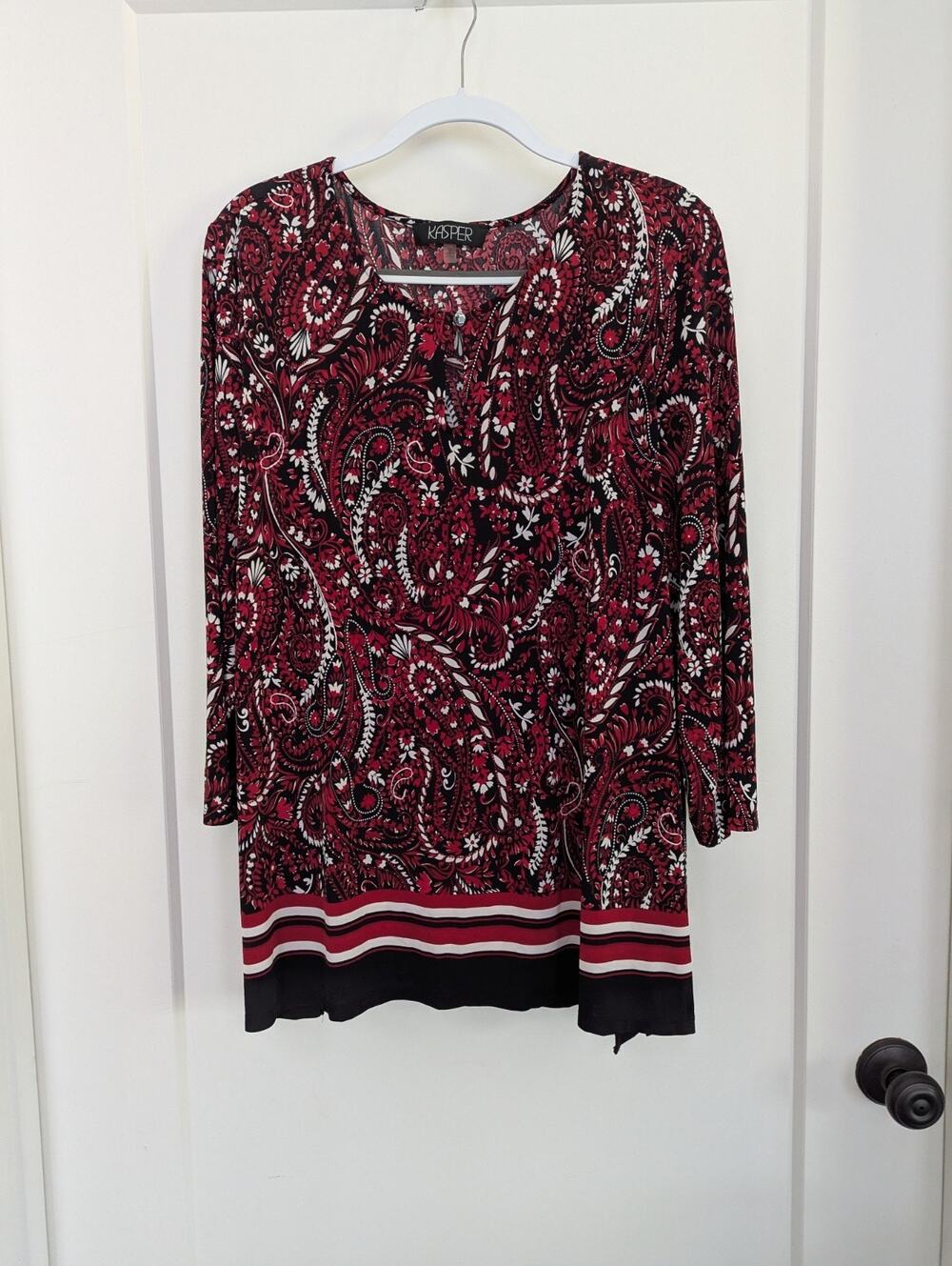 Kasper 3X Plus Top Paisley Print 3/4 Sleeve Knit Red Black Career Blouse Tunic